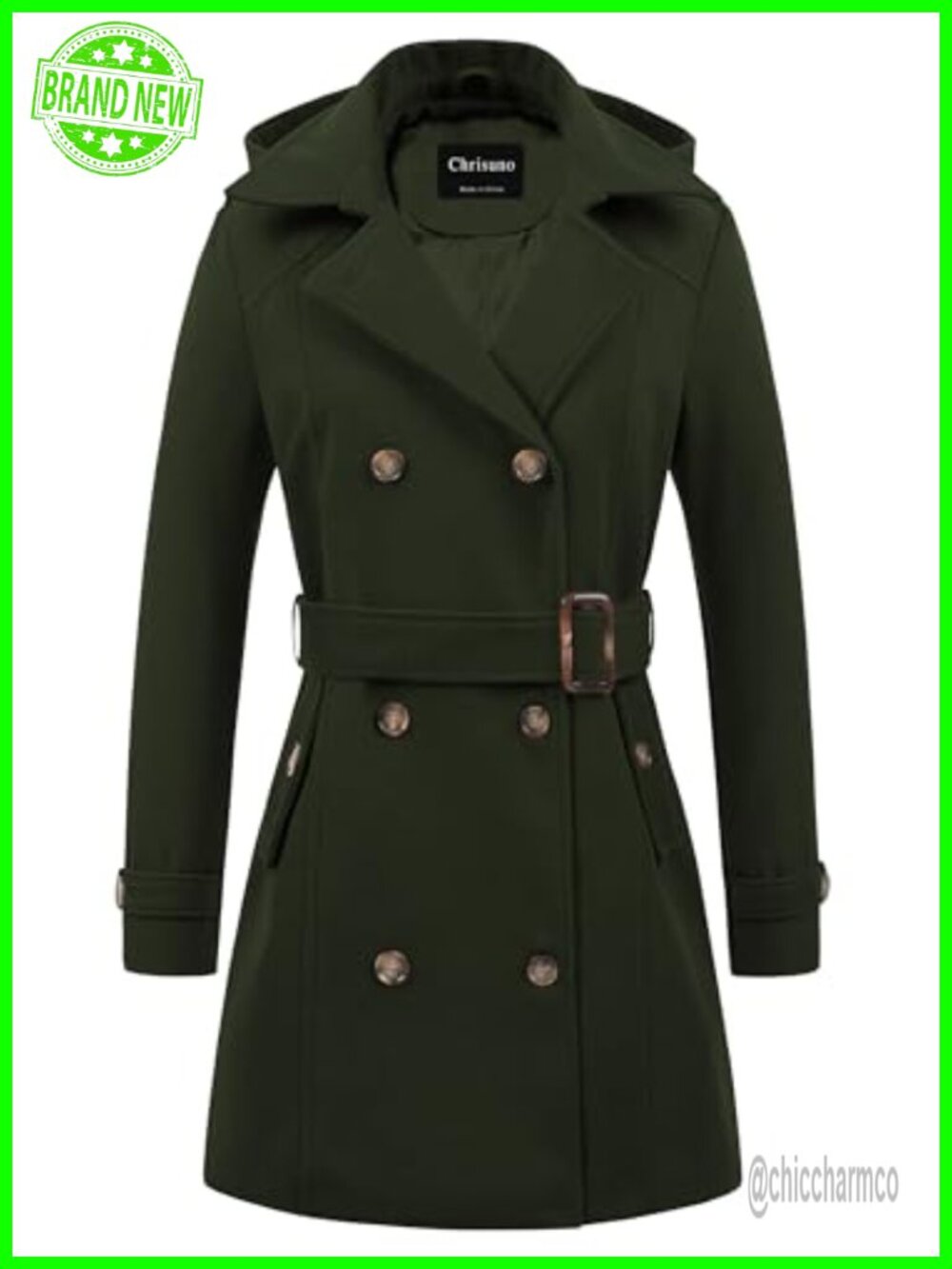 Women's Double Breasted Hooded Long Pea Coat Winter Trench Coat Fitted